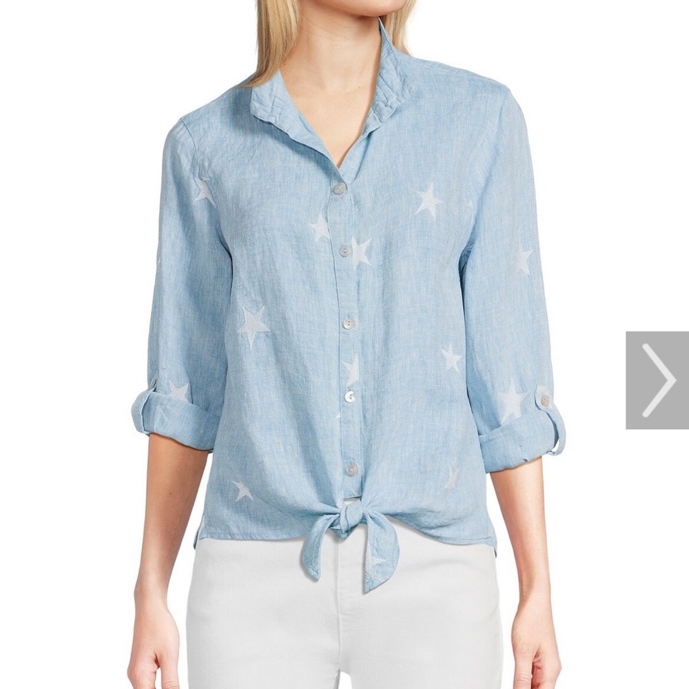 John•Mark Embroidered Star Linen Tunic Blouse Wire Collar Roll Tab Sleeve PL NWT